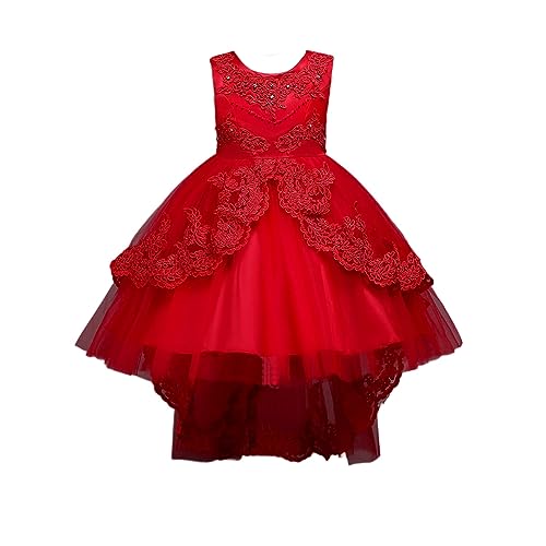 DISSA Blumensmädchenkleid Vokuhila Kleid Rot Festliches Kinder Mädchen Kleid Ohne Arm Spitze Tüll Party Festliche Hochzeit Kleid 3-4 Jahre,D584 von DISSA