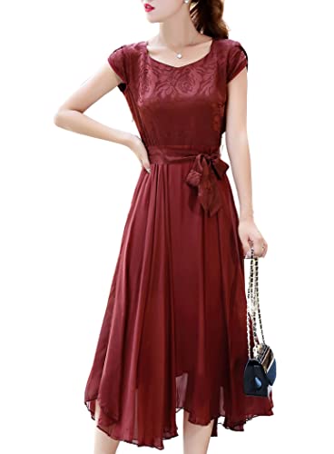 DISSA Burgund Seide Damen Kleid Kurzarm Bindegürtel Elegant Seidenkleid Rundhals Midi Freizeitkleid Einfaches A-Linie Sommerkleid,34,D68096 von DISSA