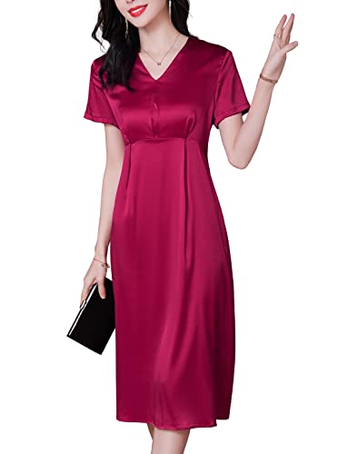 DISSA Burgund Seide Damen Kleid Kurzarm Hoher Taille Elegant Seidenkleid V-Ausschnitt Au genou Freizeitkleid Einfaches A-Linie Sommerkleid,44,D23053 von DISSA