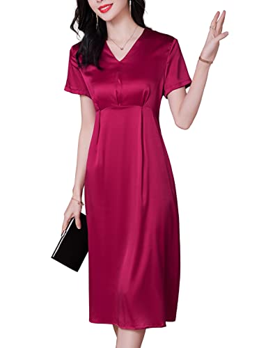 DISSA Burgund Seide Damen Kleid Kurzarm Hoher Taille Elegant Seidenkleid V-Ausschnitt Au genou Freizeitkleid Einfaches A-Linie Sommerkleid,46,D23053 von DISSA