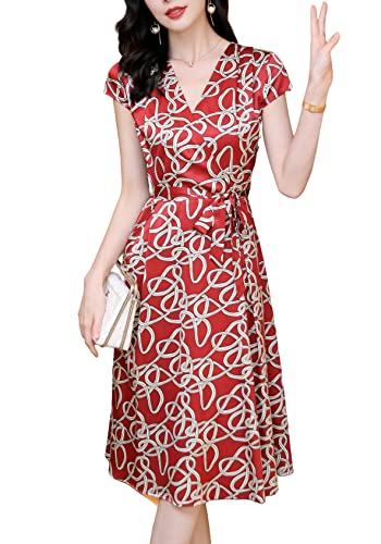 DISSA Burgund Seide Damen Kleid Kurzarm Kordelzug Elegant Seidenkleid V-Ausschnitt Midi Freizeitkleid Bedrucktes A-Linie Sommerkleid,46,D2388 von DISSA