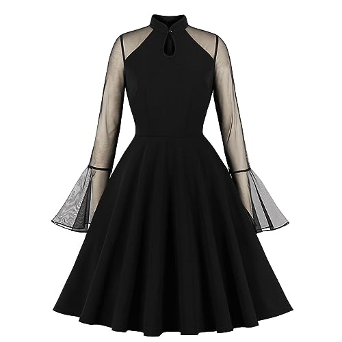 DISSA Damen 50er Jahre Vintage Retro Cocktailkleid Rockabilly Kleid Einfarbiges Tüll Langarm Midi festliches Swing Kleid,Schwarz,M,D3277 von DISSA