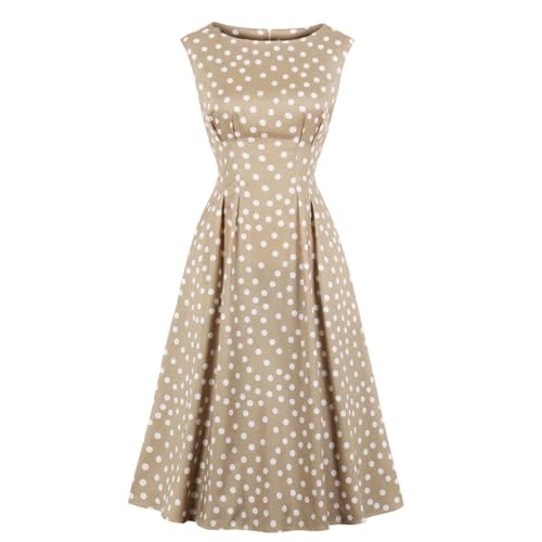 DISSA Damen 50er Jahre Vintage Retro Cocktailkleid Rockabilly Kleid Pünktchen 50er Jahre Ohne Arm Midi festliches Swing Kleid,Beige,M,D2239 von DISSA