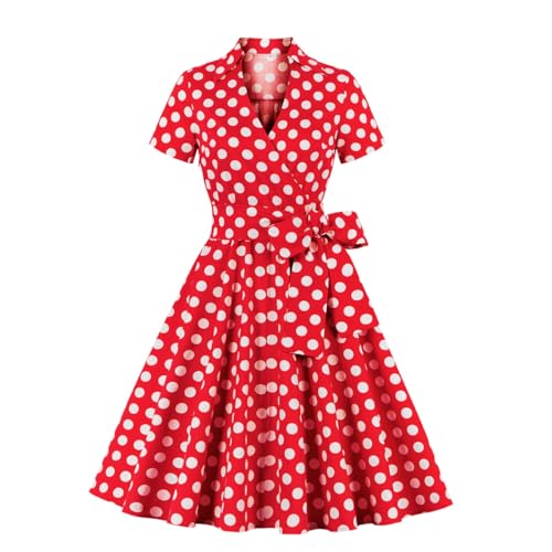 DISSA Damen 50er Jahre Vintage Retro Cocktailkleid Rockabilly Kleid Pünktchen Große Größe Kurzarm Midi festliches Swing Kleid,Rot,3XL,D1207A von DISSA