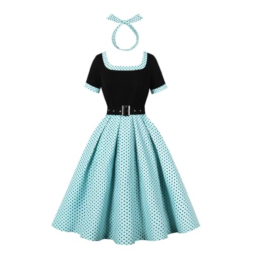 DISSA Damen 50er Jahre Vintage Retro Cocktailkleid Rockabilly Kleid Pünktchen Gürtel Kurzarm Midi festliches Swing Kleid,Grün,XL,D10024 von DISSA