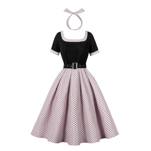 DISSA Damen 50er Jahre Vintage Retro Cocktailkleid Rockabilly Kleid Pünktchen Gürtel Kurzarm Midi festliches Swing Kleid,Rosa,M,D10024 von DISSA