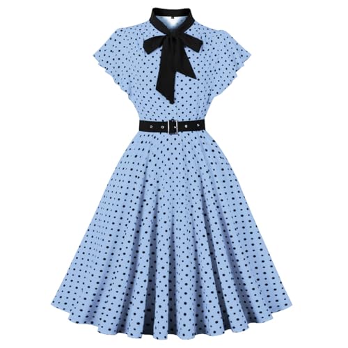 DISSA Damen 50er Jahre Vintage Retro Cocktailkleid Rockabilly Kleid Pünktchen Gürtel Ohne Arm Midi festliches Swing Kleid,Blau,S,D9089 von DISSA