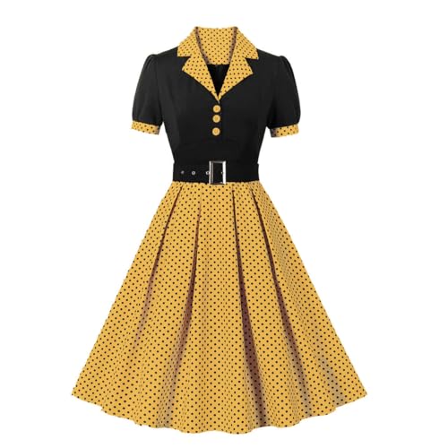 DISSA Damen 50er Jahre Vintage Retro Cocktailkleid Rockabilly Kleid Pünktchen Knopfleiste Kurzarm Midi festliches Swing Kleid,Gelb&Schwarz,XL,D5173 von DISSA