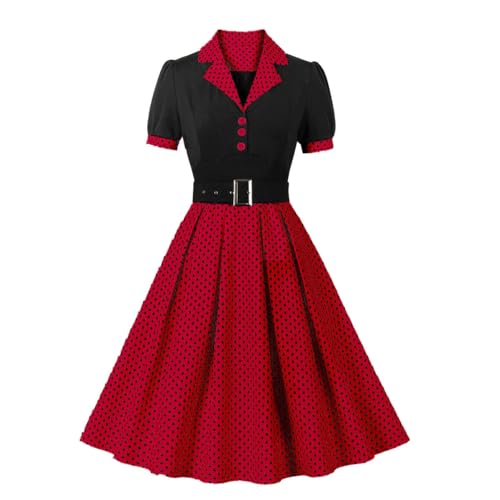 DISSA Damen 50er Jahre Vintage Retro Cocktailkleid Rockabilly Kleid Pünktchen Knopfleiste Kurzarm Midi festliches Swing Kleid,Rot&Schwarz,L,D5173 von DISSA