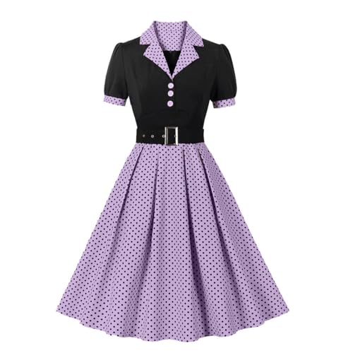 DISSA Damen 50er Jahre Vintage Retro Cocktailkleid Rockabilly Kleid Pünktchen Knopfleiste Kurzarm Midi festliches Swing Kleid,Violett&Schwarz,XL,D5173 von DISSA