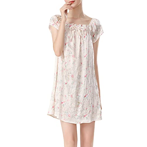 DISSA Damen Beige-2 Blumen 100% Seide Pyjama Kleid Nachtwäsche Nachthemd Nachthemd Kurzarm 19 Momme Seidenpyjama,M,S5688 von DISSA