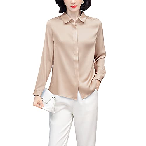 DISSA Damen Beige Hemdbluse Seide Solide Button Down Hemden Damenbluse Langarm Revers Seidenbluse,L,S3369 von DISSA