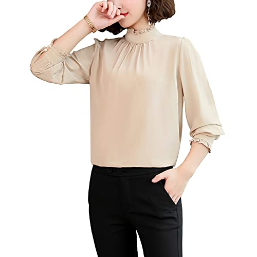 DISSA Damen Beige Hemdbluse Seide Solide Jumper Hemden Damenbluse Langarm Stehkragen Seidenbluse,M,S1906 von DISSA