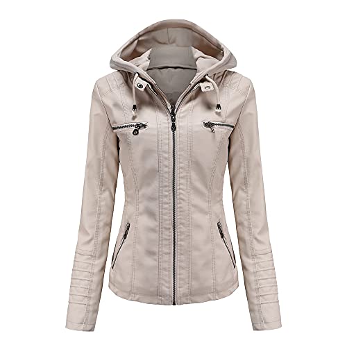 DISSA Damen Beige Kunstleder Motorrad Jacke Lederjacke Jahrgang Schlank mit Kapuze Kurz Mantel,PP005,6XL von DISSA