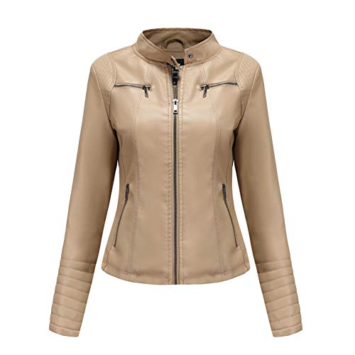 DISSA Damen Beige Kunstleder Motorrad Jacke Lederjacke Schlank Reißverschluss Stehkragen Kurz Mantel,36,PN788 von DISSA