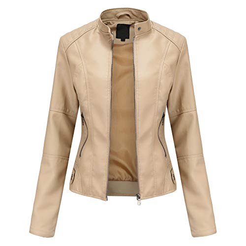 DISSA Damen Beige Kunstleder Motorrad Jacke Lederjacke Schlank Reißverschluss Stehkragen Kurz Mantel,44,PN767 von DISSA