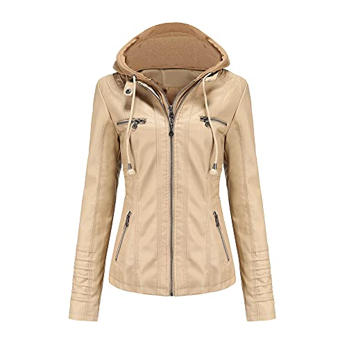 DISSA Damen Beige Lederjacke Schlank Kurz Kunstleder Kapuze Jacket Reißverschluss Motorrad Jacke für Frühling und Herbst,5XL,C6699N von DISSA