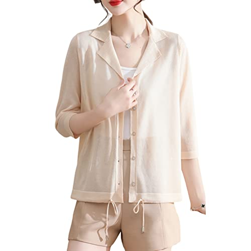 DISSA Damen Beige Leichter Kurz Strickjacke Gestrickte Einfarbige Locker Cardigan 3/4-Arm Kragen Knöpfen Strickjacke,42,C98963 von DISSA