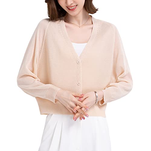 DISSA Damen Beige Leichter Kurz Strickjacke Gestrickte Einfarbige Locker Cardigan Langarm V-Ausschnitt Knöpfen Strickjacke,46,C3029 von DISSA