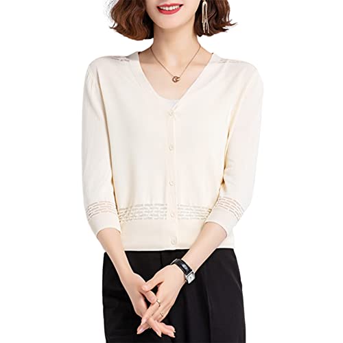 DISSA Damen Beige Leichter Kurz Strickjacke Gestrickte Einfarbige Slim-fit Cardigan Langarm V-Ausschnitt Knöpfen Strickjacke,38,C92029 von DISSA