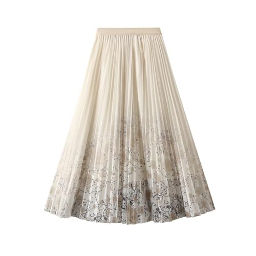 DISSA Damen Beige Plisseerock Bedruckter Schichten-Tüllrock Hoher Taillen Midirock,Einheitsgröße,SK898 von DISSA
