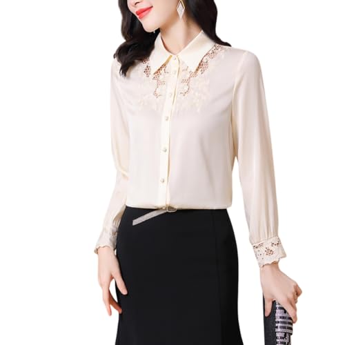 DISSA Damen Beige Seidenhemd mit Knopfleiste Langarm Bluse Tunika Seide Tops Casual Kent Spitzen Oberteile,EU 34,S3567 von DISSA