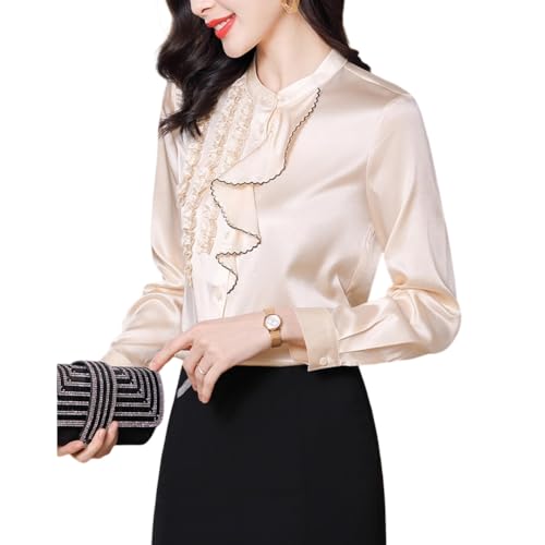 DISSA Damen Beige Seidenhemd mit Knopfleiste Langarm Bluse Tunika Seide Tops Casual Stehkragen Rüschen Oberteile,EU 34,S9222 von DISSA