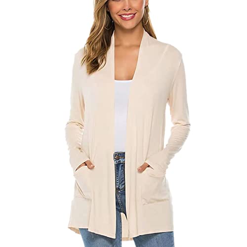 DISSA Damen Beige Strickjacke Cardigan Frühling Herbst Langarm Offene Dünne Strickmantel Kurz Strickjacke,L von DISSA