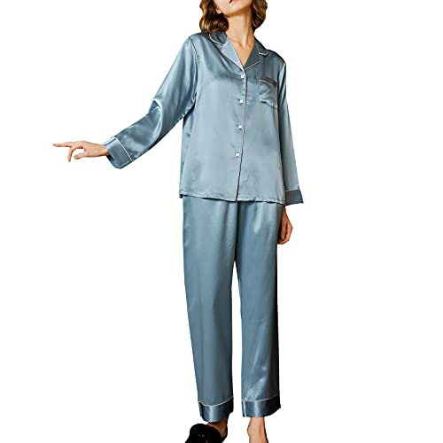 DISSA Damen Blau Einfach 100% Seide Pyjama-Set Oberteil und Capri-Hose Schlafanzug Langarm 19 Momme Seidenpyjama,M,T8002 von DISSA