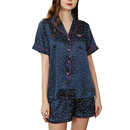 DISSA Damen Blau Gedrucktes 100% Seide Pyjama-Set Oberteil und Shorts Schlafanzüge Kurzarm 19 Momme Seidenpyjama,XL,D2108B von DISSA