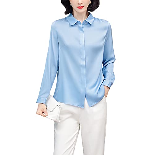 DISSA Damen Blau Hemdbluse Seide Solide Button Down Hemden Damenbluse Langarm Revers Seidenbluse,XXL,S3369 DISSA Damen Blau Hemdbluse Seide Solide Button Down Hemden Damenbluse Langarm Revers Seidenbluse,XXL,S3369 von DISSA
