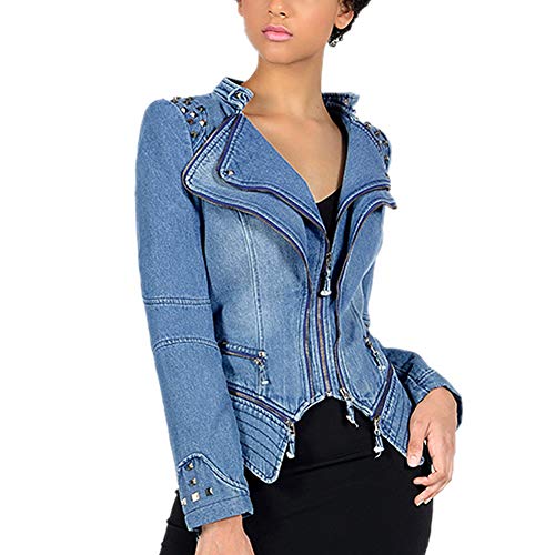 DISSA Damen Blau Nieten Jeansjacker Bikerjacke mit Reißverschluss,PA01,2XL von DISSA