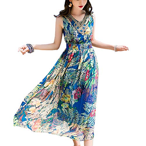 DISSA Damen Blau Seiden Kleid Ohne Arm V-Ausschnitt Blumen 100% Seiden Langes Seiden Kleid,D8009,M von DISSA