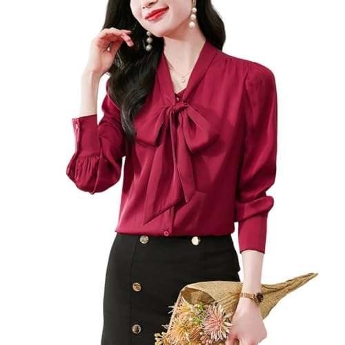 DISSA Damen Bordeaux Seidenhemd mit Knopfleiste Langarm Bluse Tunika Seide Tops Casual Grandad Einfarbiges Oberteile,EU 46,S3610 von DISSA