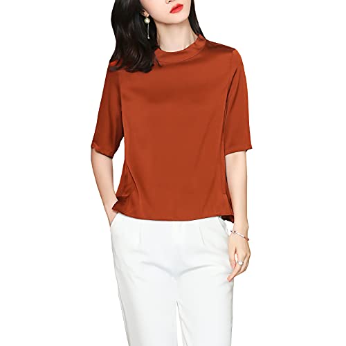 DISSA Damen Braun Hemdbluse Seide Solide Jumper Hemden Damenbluse Kurzarm Stehkragen Seidenbluse,L,S3356 von DISSA