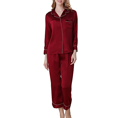 DISSA Damen Burgund Einfach 100% Seide Pyjama-Set Oberteil und Capri-Hose Schlafanzug Langarm 19 Momme Seidenpyjama,XL,T8002 von DISSA