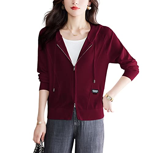 DISSA Damen Burgund Leichter Kurz Strickjacke Gestrickte Einfarbige Slim-fit Cardigan Langarm Kapuzen Reißverschluss Strickjacke,48,C6616 von DISSA