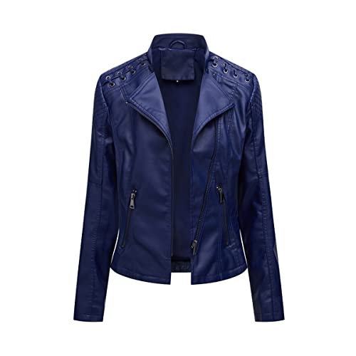 DISSA Damen Dunkelblau Kunstleder Motorrad Jacke Lederjacke Schlank Reißverschluss Stehkragen Kurz Mantel,36,P6638 von DISSA