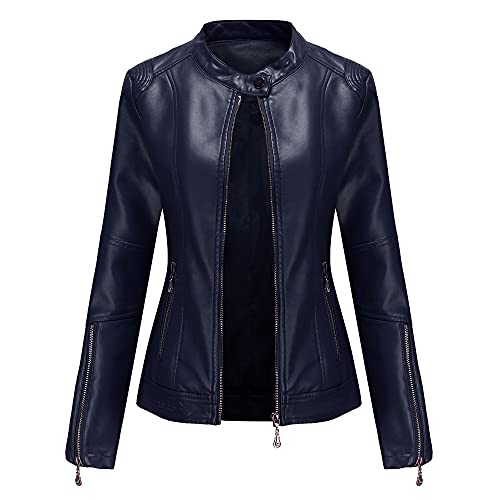 DISSA Damen Dunkelblau Lederjacke Schlank Kurz Kunstleder Stehkragen Jacket Reißverschluss Motorrad Jacke für Frühling und Herbst,L,C258N von DISSA