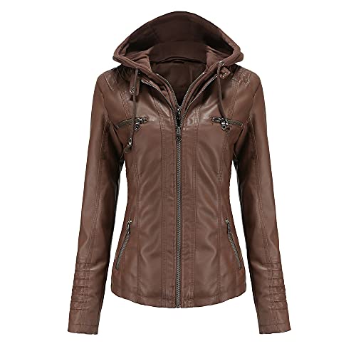 DISSA Damen Dunkelbraun Kunstleder Motorrad Jacke Lederjacke Jahrgang Schlank mit Kapuze Kurz Mantel,PP005,4XL von DISSA