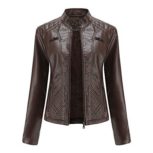 DISSA Damen Dunkelbraun Lederjacke Schlank Kurz Kunstleder Stehkragen Jacket Reißverschluss Motorrad Jacke für Frühling und Herbst,M,C03N von DISSA