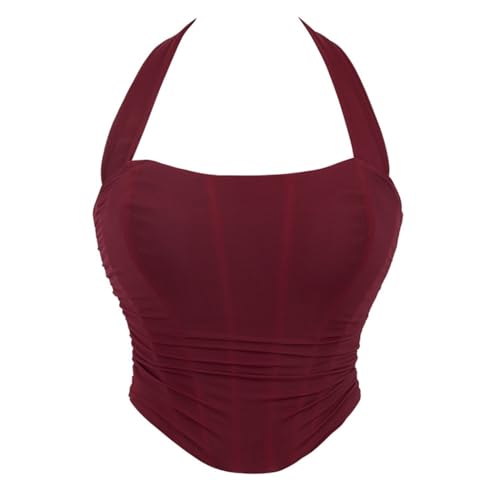 DISSA Damen Dunkelrot Push up Überbrust Korsett Top Einfarbiges Rücken Schnürung Korsage Corsage,38-40,C8649 von DISSA