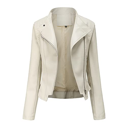 DISSA Damen Elfenbein Lederjacke Schlank Kurz Kunstleder Revers Jacket Reißverschluss Motorrad Jacke für Frühling und Herbst,L,C5087N von DISSA