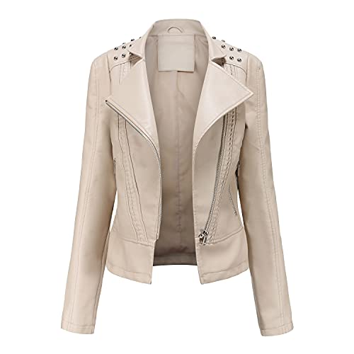 DISSA Damen Elfenbein Lederjacke Schlank Kurz Kunstleder Revers Jacket Reißverschluss Motorrad Jacke für Frühling und Herbst,L,C6637N von DISSA