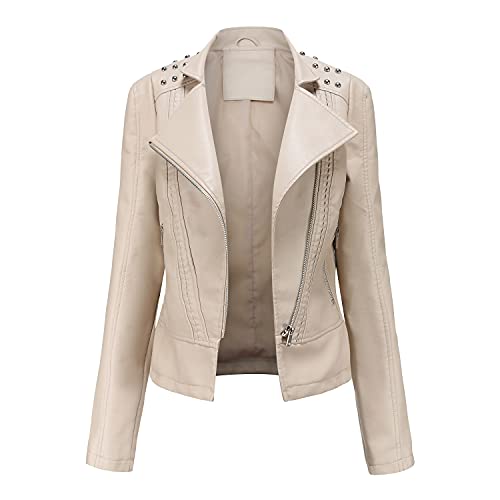 DISSA Damen Elfenbein Lederjacke Schlank Kurz Kunstleder Revers Jacket Reißverschluss Motorrad Jacke für Frühling und Herbst,XXL,C08N von DISSA