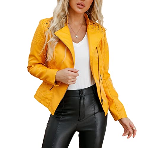 DISSA Damen Gelb Kunstleder Motorrad Jacke Lederjacke Schlank Reißverschluss Stehkragen Kurz Mantel,36,P6638 von DISSA