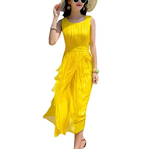 DISSA Damen Gelb Seiden Kleid Ohne Arm Rundhals Solide 100% Seiden Langes Seiden Kleid,D9925,XL von DISSA