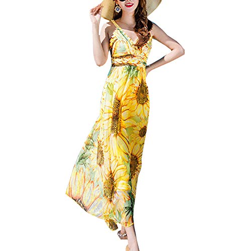 DISSA Damen Gelb Seiden Kleid Ohne Arm Trägerlos Blumen 100% Seiden Langes Seiden Kleid,D8015,XL von DISSA