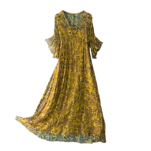 DISSA Damen Gelb Seidenkleid Bedrucktes V-Ausschnitt Kurzarm 100% Seide Kleid Luftiges Hoch Taillierte Falten Knielanges Mulberry Seidenkleid,EU 44,D2022 von DISSA