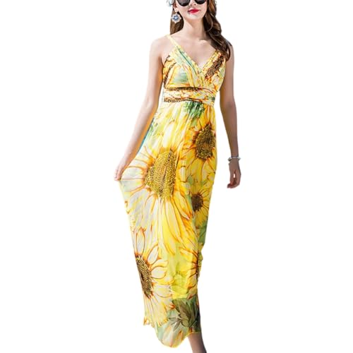 DISSA Damen Gelb Seidenkleid Blumen Schulterfreies Ohne Arm 100% Seide Kleid Luftiges Hoch Taillierte Träger Langes Mulberry Seidenkleid,EU 40,D8015 von DISSA